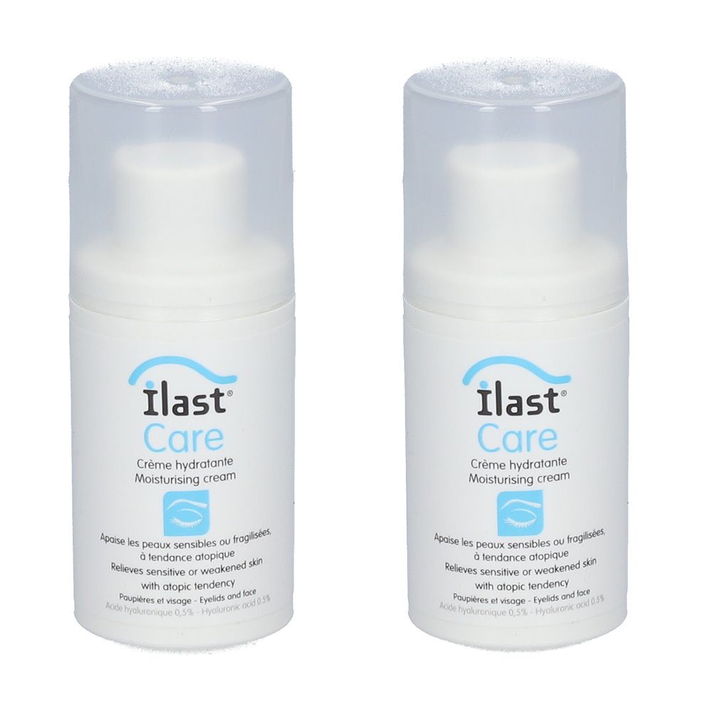 Twee witte flacons met transparante deksels. Op elke flacon staat "Ilast Care" en "Crème hydratante". 
