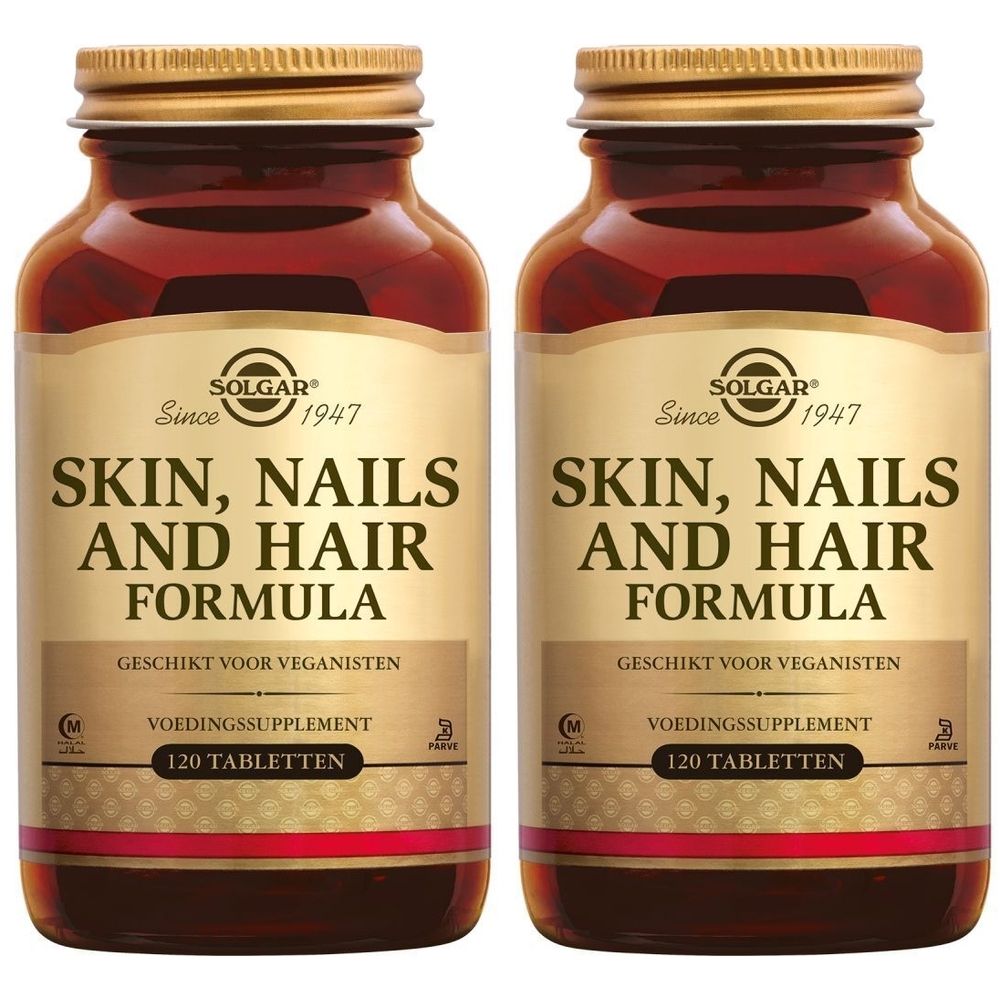 Twee flessen Solgar Skin, Nails and Hair Formula. Bruine glazen flessen met gouden doppen. Opschrift: Skin, Nails and Hair Formula.