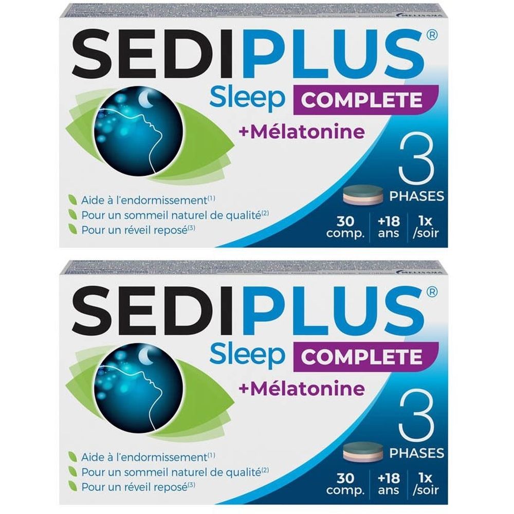 Deux boîtes de Sediplus Sleep Complete. Inscription : +Mélatonine, 3 phases. Comprimés bleus et blancs.