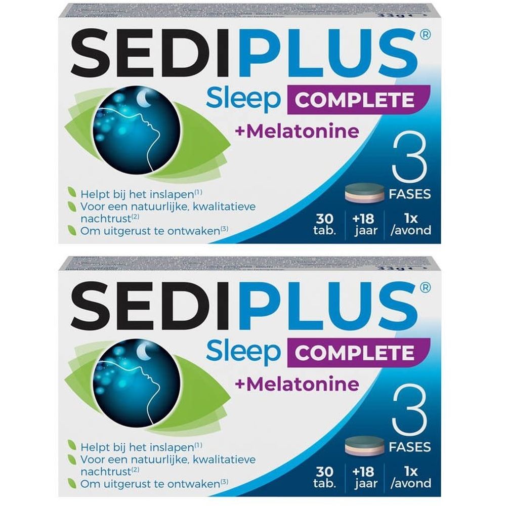 Twee dozen Sediplus Sleep Complete. Opschrift: +Melatonine, 3 fasen. Blauwe en witte tabletten afgebeeld.