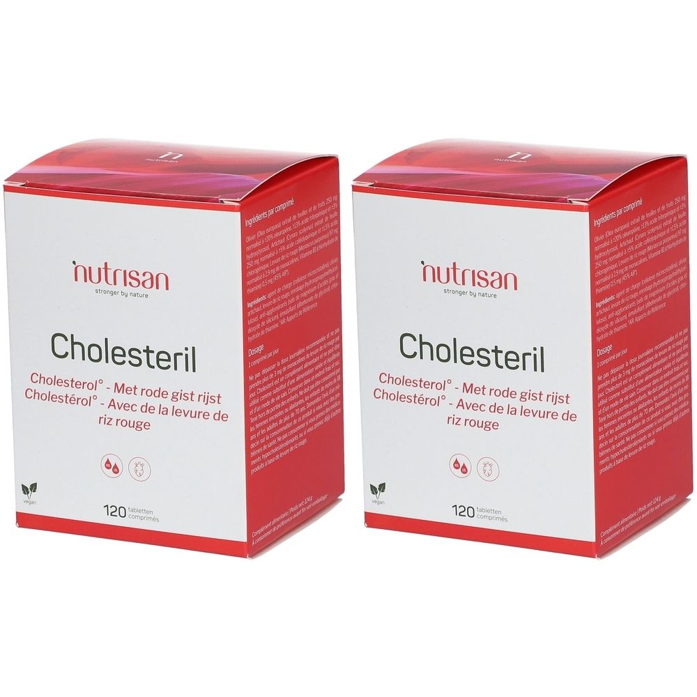 Twee rechthoekige dozen met rode deksel. Op de witte voorkant staat "nutrisan Cholesteril". Tekst in het Nederlands en Frans. Onderaan staat "120". 