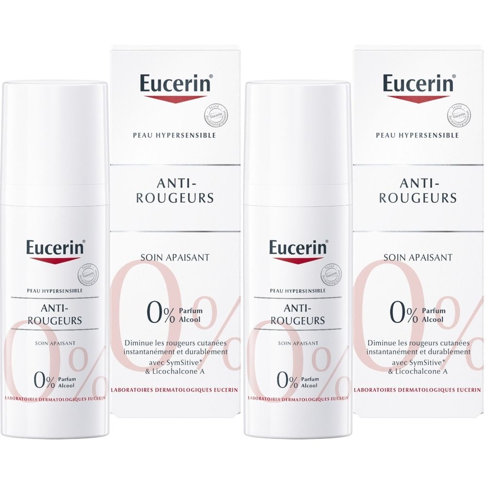 Eucerin AntiROUGEURS Soin Apaisant. Flacons et étuis blancs. Inscription : Anti-Rougeurs, 0% Parfum, Peau Hypersensible.