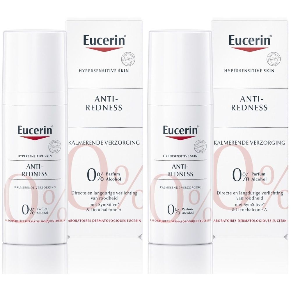 Eucerin Anti-Roodheid kalmerende verzorging. Witte flacons en dozen. Opschrift: Anti-Redness, 0% Parfum, Hypersensitive Skin.