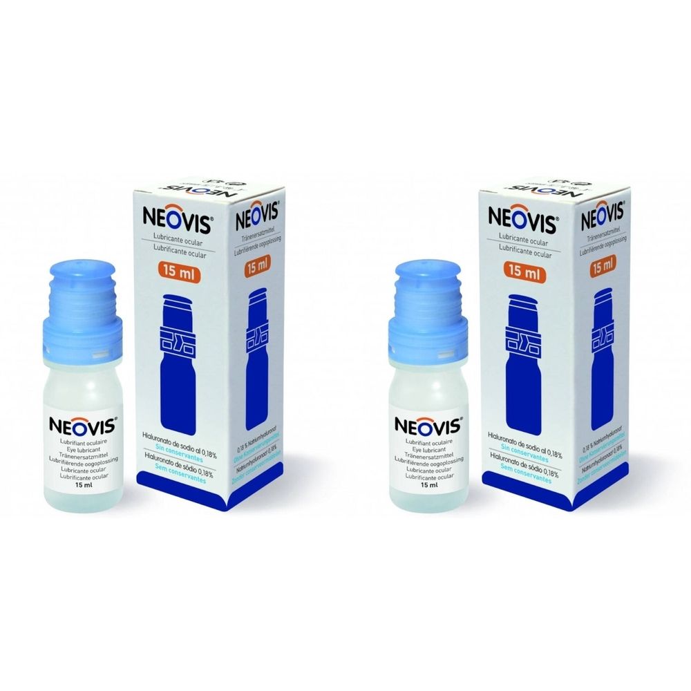 Deux flacons et deux boîtes. Sur les flacons et les boîtes, on lit "NEOVIS". Sur les boîtes, on lit "15 ml".