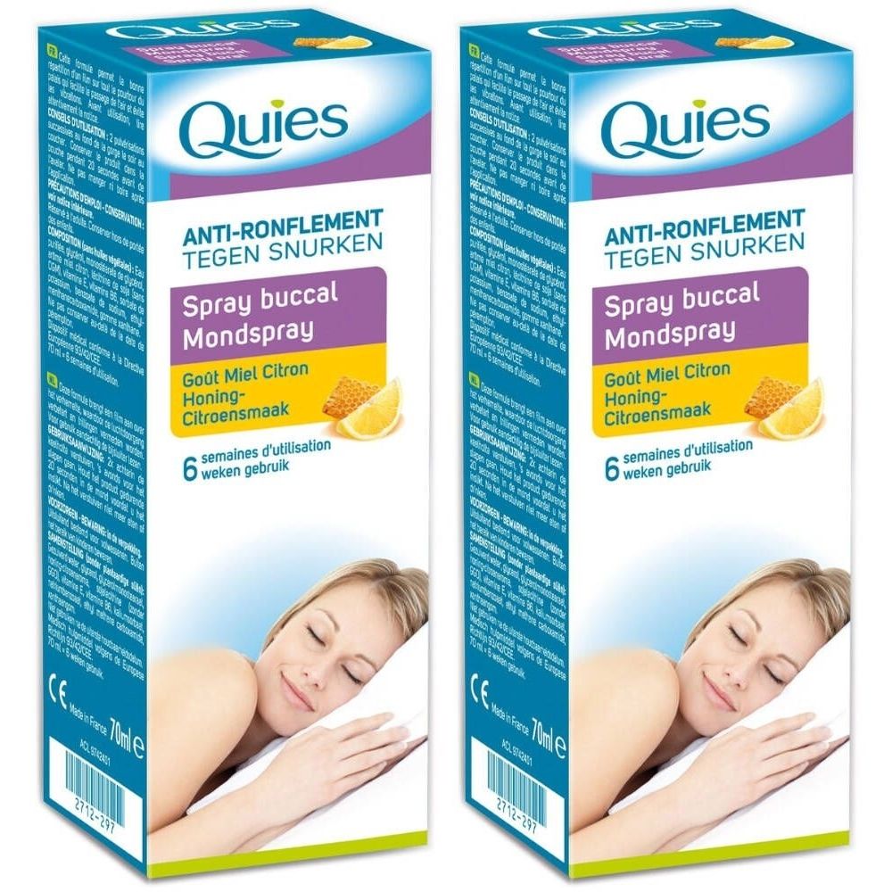 Twee dozen Quies anti-snurk mondspray. Smaak honing-citroen. Afgebeeld is een slapende vrouw.