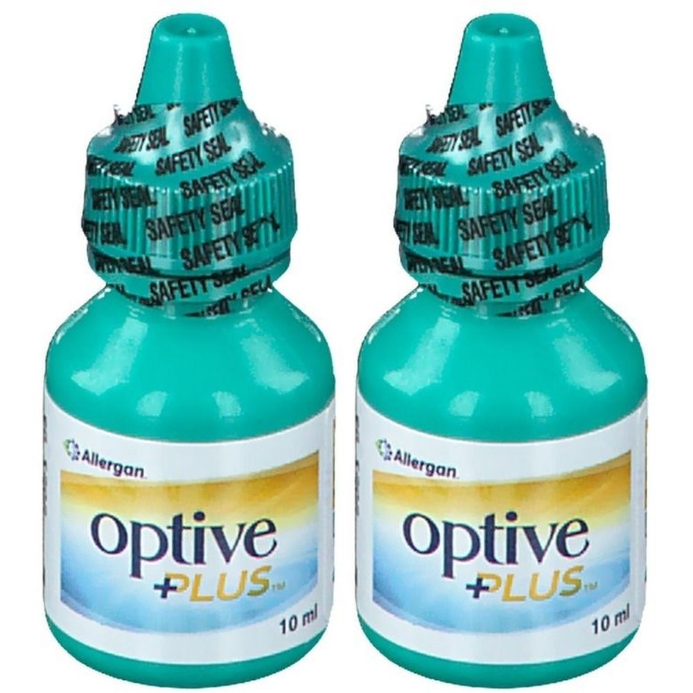 Deux flacons verts d'Optive Plus. Inscription "Safety Seal". 10 ml.