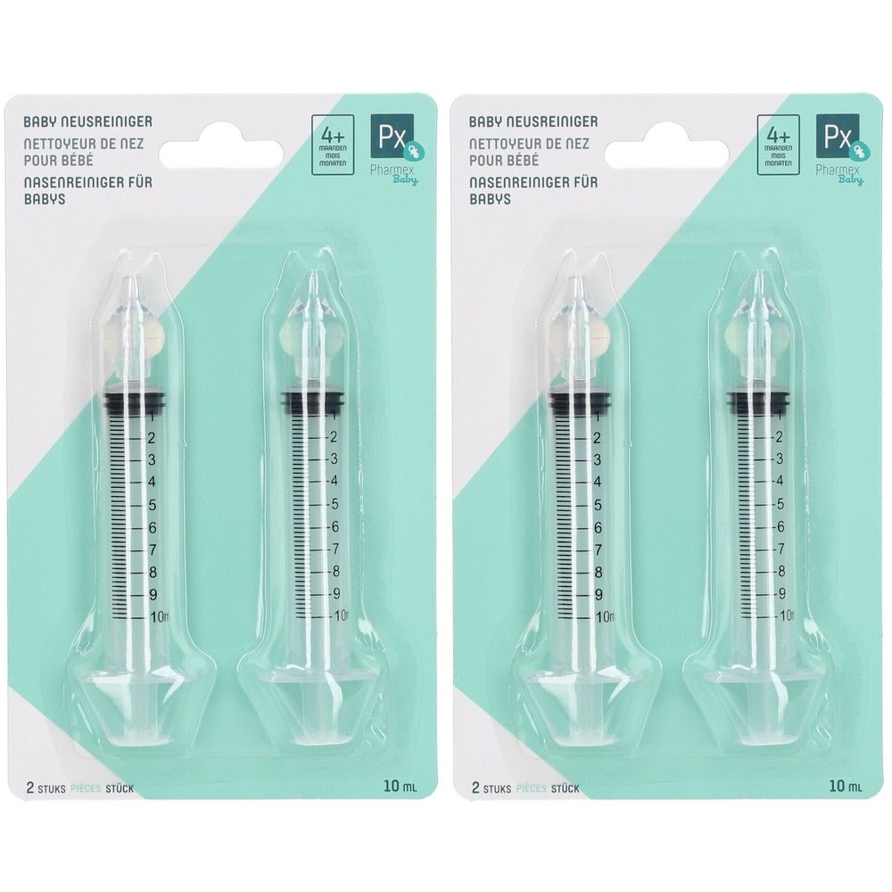Deux nettoyeurs de nez pour bébé en blister. Graduation de 1 à 10. Avec embout. Emballage avec logo et recommandation d'âge.