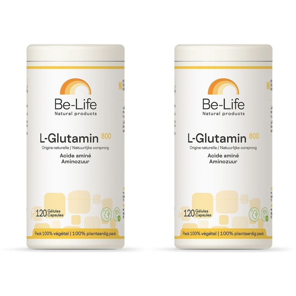 Deux boîtes blanches avec des accents jaunes. Inscription: Be-Life, L-Glutamine 800, 120 gélules. Texte en français, néerlandais et anglais.