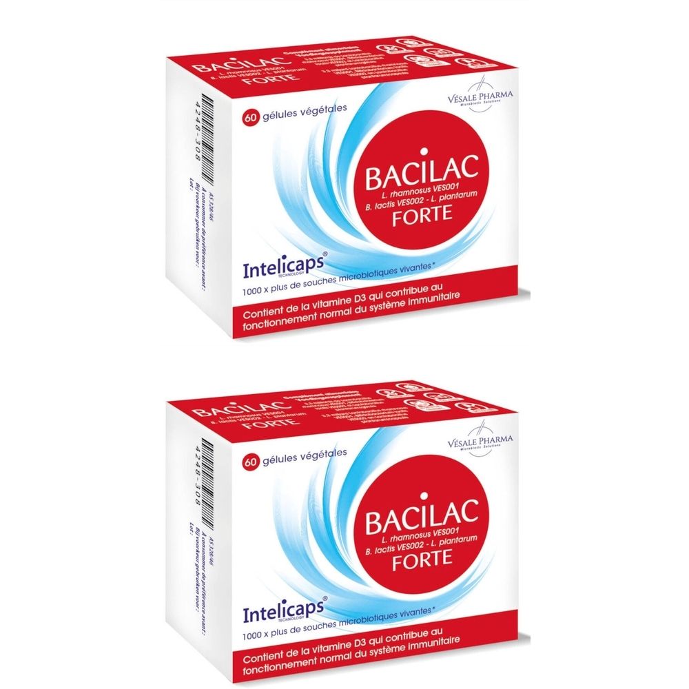 Deux boîtes blanches. Texte: BACILAC FORTE, Intelicaps, 60 gélules végétales. Contient de la vitamine D3. Visuel rouge et bleu.