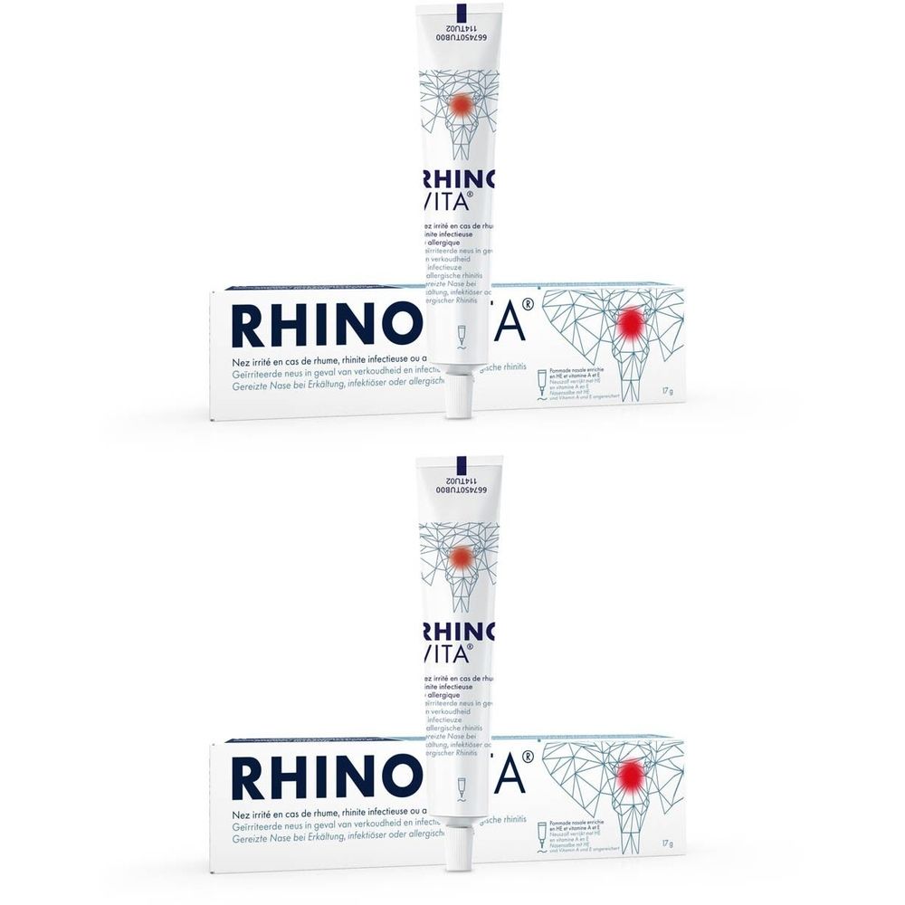 Deux tubes et boîtes avec le nom du produit RHINO VITA. Un symbole rouge est affiché sur les tubes et les boîtes.