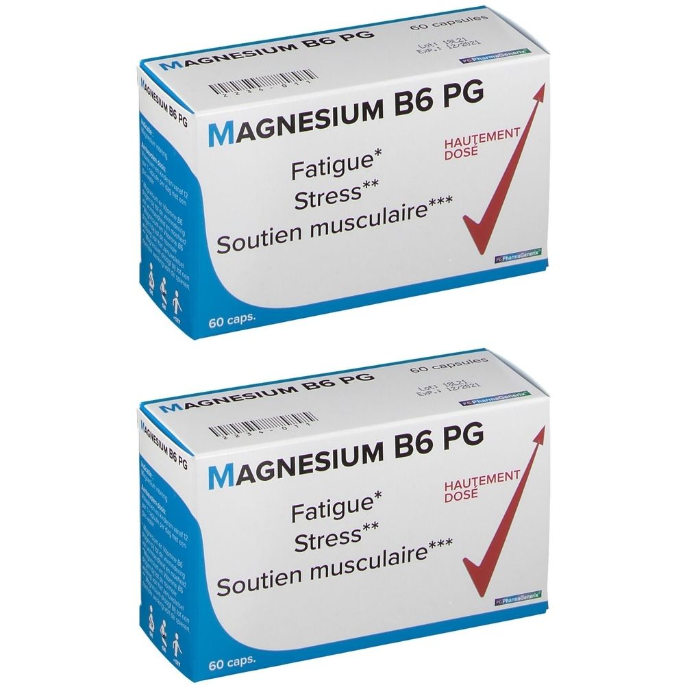 Twee dozen Magnesium B6 PG. Opschriften: Fatigue, Stress, Soutien musculaire. Rode pijl en tekst: Hautement Dose. 60 capsules.