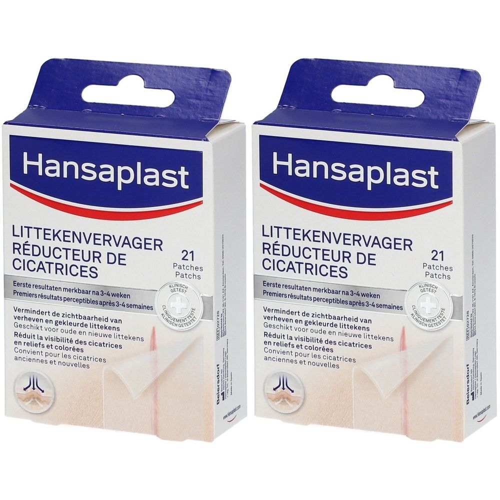 Deux boîtes de Hansaplast Réducteur de Cicatrices. Inscription : LITTEKENVERVAGER RÉDUCTEUR DE CICATRICES. Contient 21 patchs.