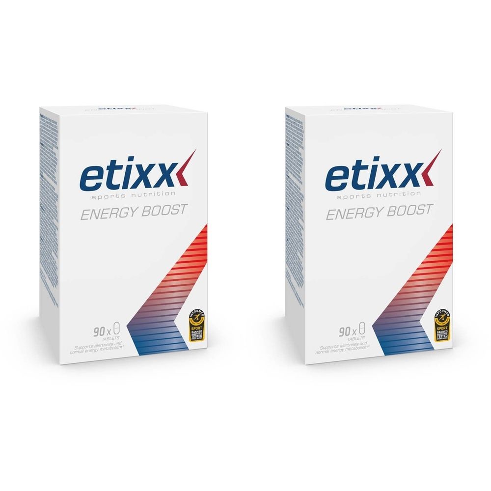 Deux boîtes blanches Etixx Energy Boost. Inscription : Etixx, Energy Boost, 90x0. Design rouge et bleu et un sceau de qualité.