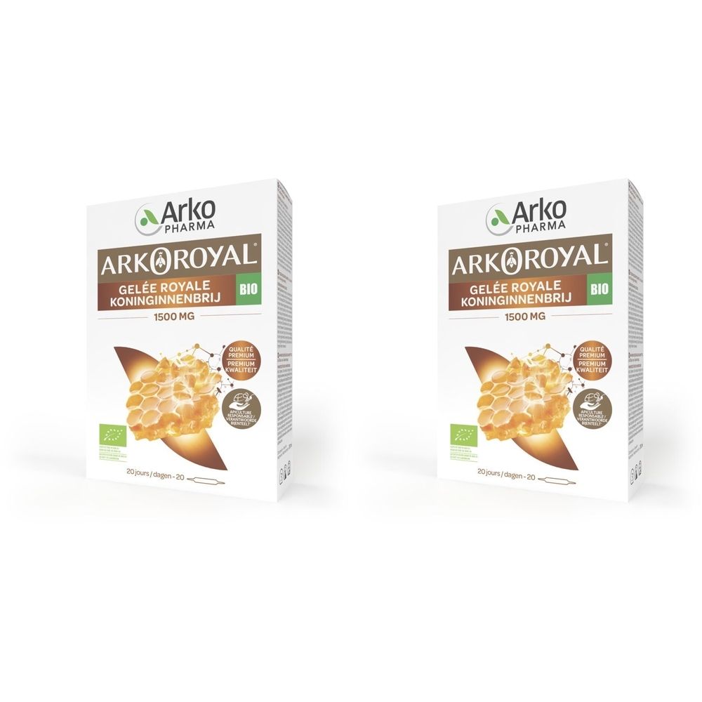 Twee witte dozen met "ARKOROYAL Gelée Royale" logo. Tekst: "Gelee Royale Koninginnenbrij 1500 MG". Bio-label.