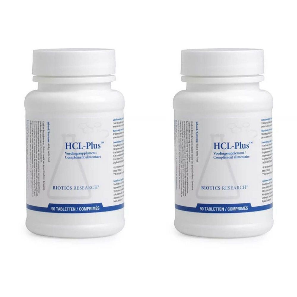 Deux flacons blancs avec étiquettes. Inscription: HCL-Plus, Biotics Research. 90 comprimés.