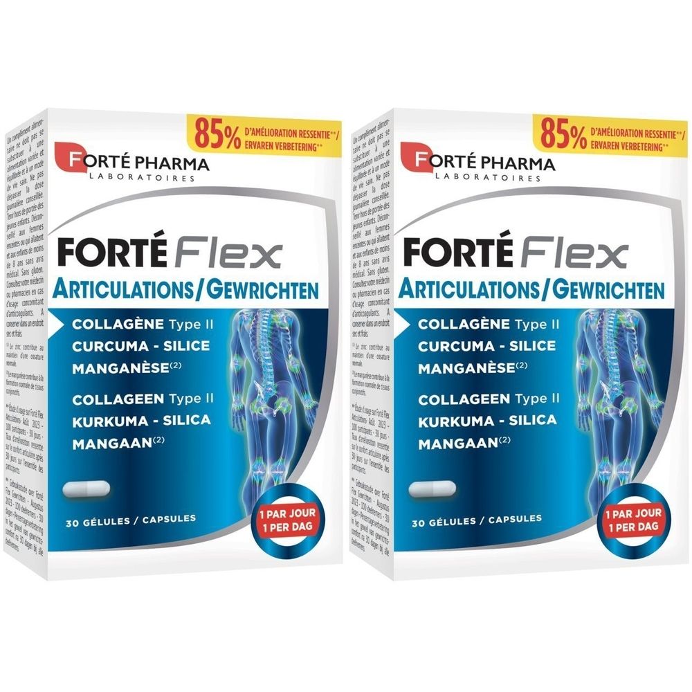 Twee dozen Forté Flex Articulations/Gewrichten. Bevat capsules met collageen, kurkuma, silica en mangaan.