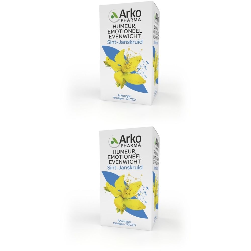 Twee witte dozen. Opschrift: Arkopharma, Humeur, Émotionnel, Evenwicht, Sint-Janskruid. Gele bloem.