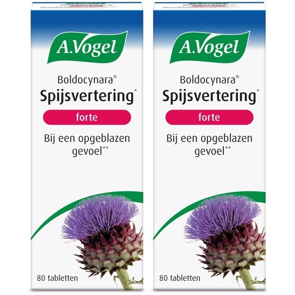 A.Vogel Boldocynara® Digestion Forte. Witte doos met paarse distel. Tekst: Spijsvertering forte, 80 tabletten.