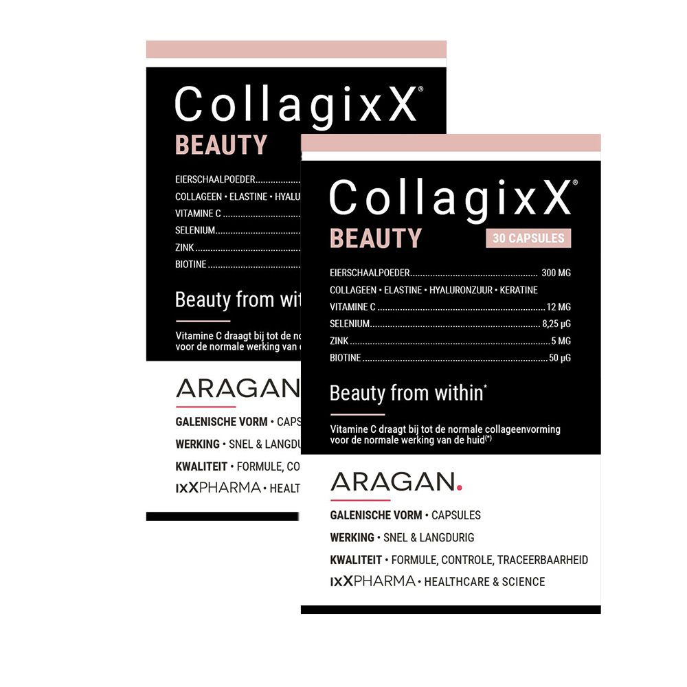 Twee verpakkingen CollagixX BEAUTY. Opschriften: Eierschaalpoeder, Collageen, Elastine, Hyaluronzuur, Keratine, Vitamine C, Selenium, Zink, Biotine. 30 capsules.