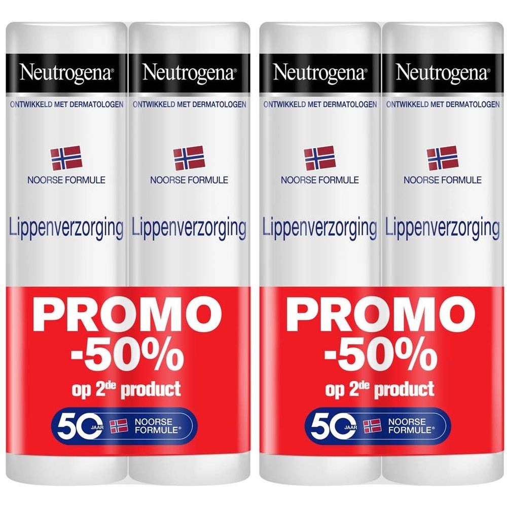 Vier lippenbalsems Neutrogena Noorse Formule. Witte en rode verpakking. Promo -50% op 2de product. Opschrift: Lippenverzorging.