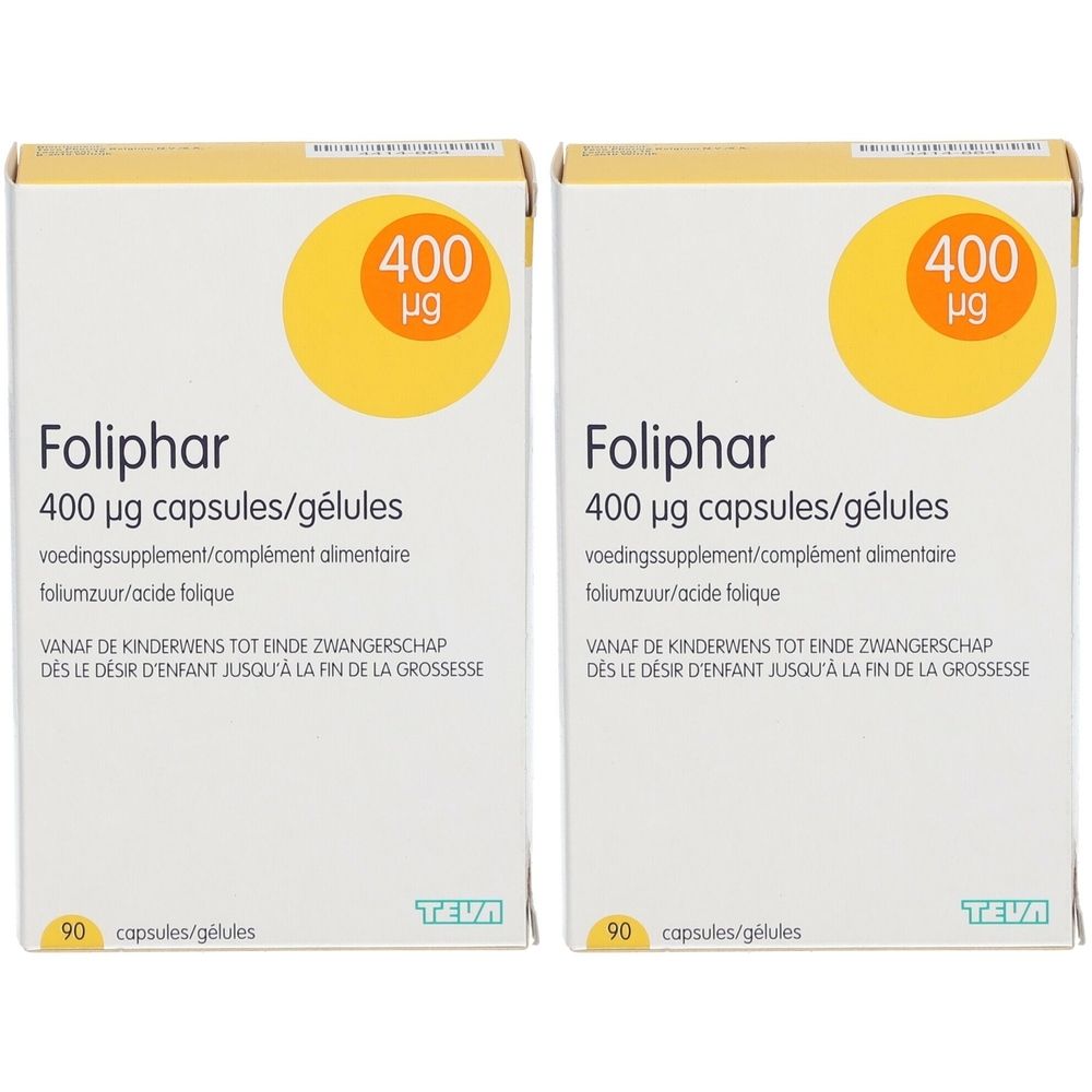 Twee dozen Foliphar 400 µg. Voedingssupplement. Bevat 90 capsules. Merk Teva.