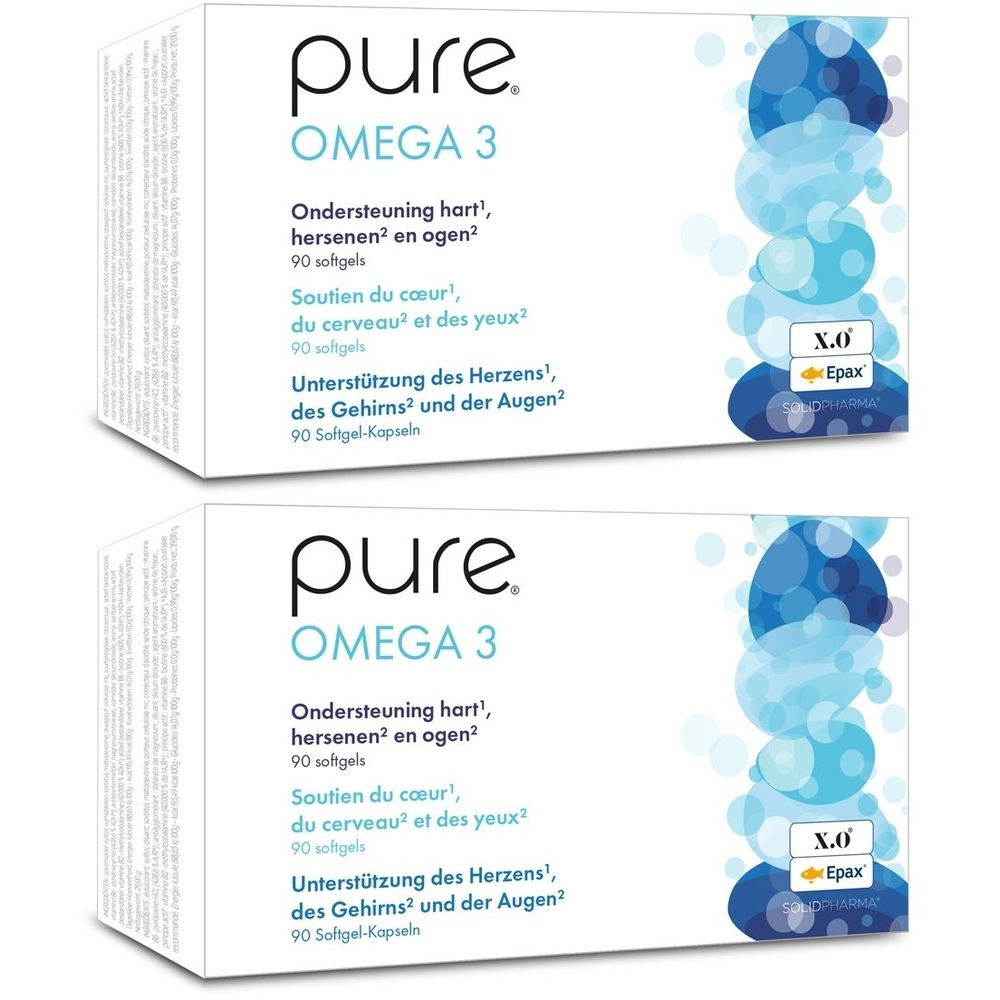 Deux boîtes blanches avec le logo "pure OMEGA 3" et du texte en néerlandais, français et allemand. Éléments de design bleus.