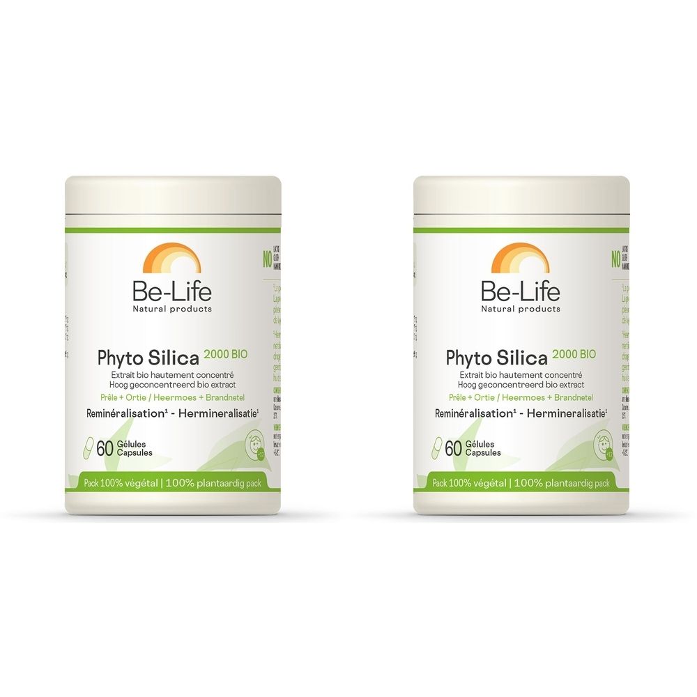 Twee witte potten met groene en oranje etiketten. Opschrift: Be-Life, Phyto Silica 2000 BIO, 60 capsules. 100% plantaardig.