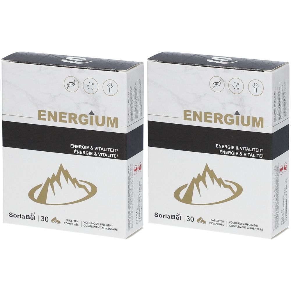 Twee witte dozen met "ENERGIUM". Daaronder "ENERGIE & VITALITEIT". Merk SoriaBel, 30 tabletten. Gouden bergmotief.