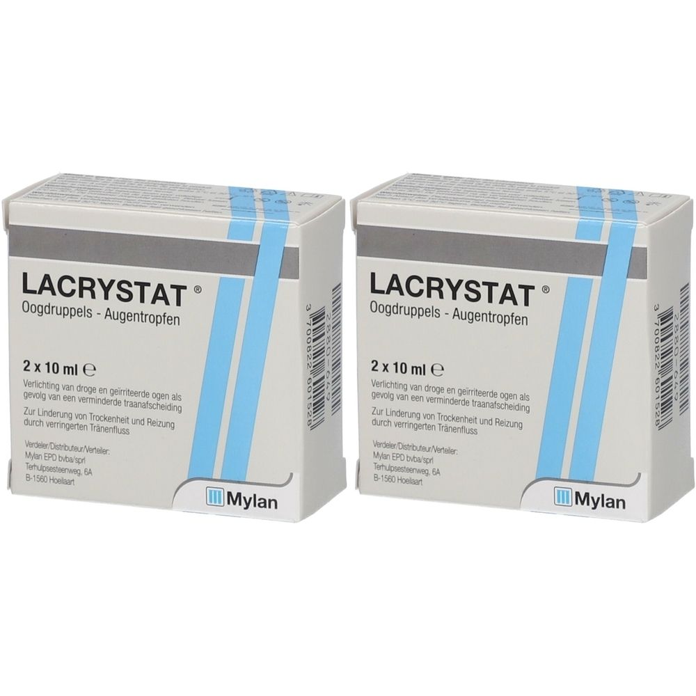 Twee dozen Lacrystat oogdruppels. Opschrift: 2 x 10 ml e. Blauwe strepen en Mylan-logo.