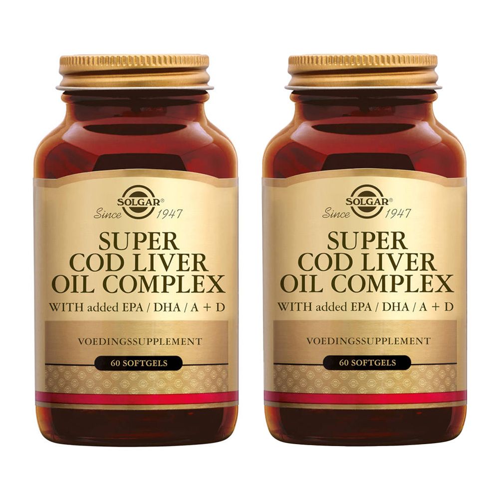 Deux flacons en verre brun avec des couvercles dorés. Les étiquettes indiquent "Super Cod Liver Oil Complex" et "Solgar".