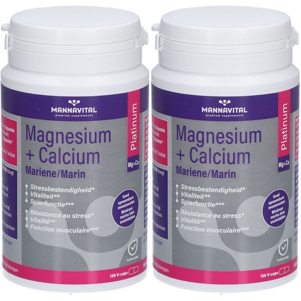 Deux flacons de MannaVital Magnésium + Calcium Platinum. Flacons blancs avec étiquettes violettes. Texte : Magnésium + Calcium, Mariene/Marin.
