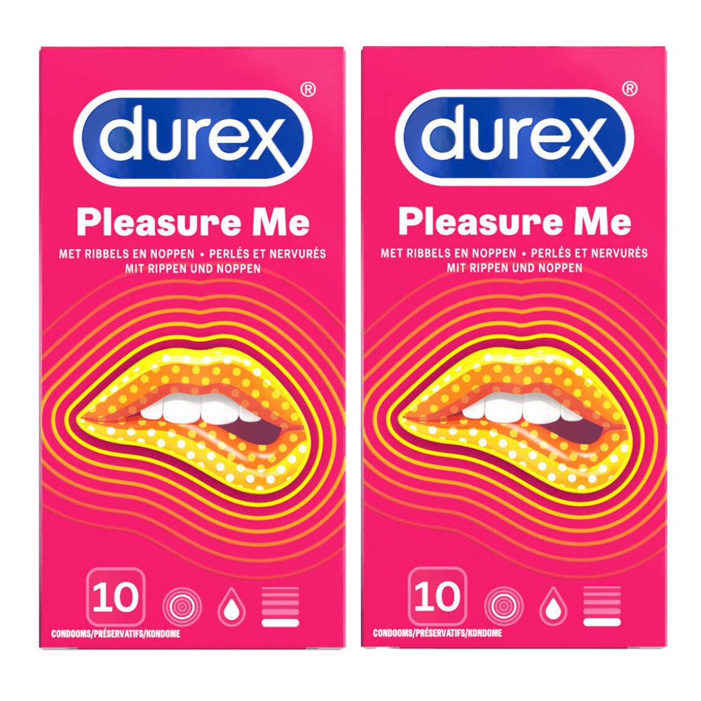 Twee verpakkingen condooms. Roze verpakking met logo en productnaam. Toont een afbeelding van lippen. Bevat 10 condooms.