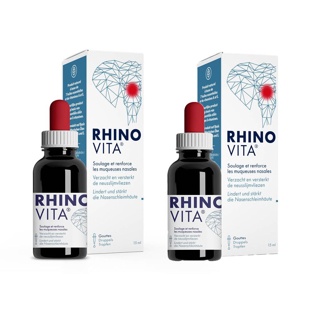 Twee flesjes met rode pipet en doos met logo en tekst RHINO VITA. Opschrift: Soulae et renforce les muqueuses nasales.