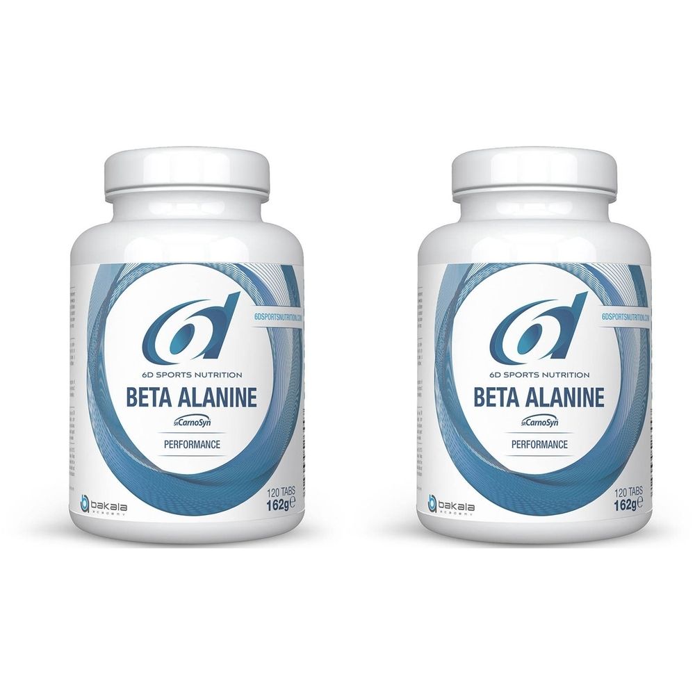 Twee witte flessen met blauwe etiketten. Op de etiketten staat "6D Sports Nutrition Beta Alanine".