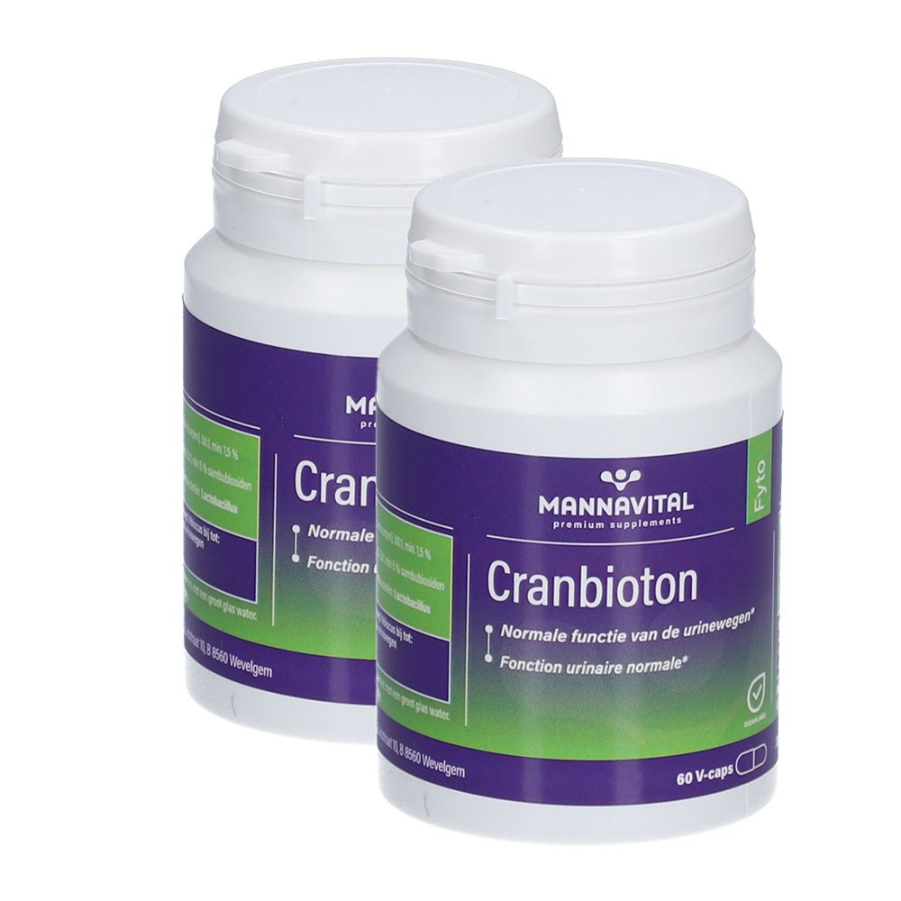 Twee witte flessen met paarse etiketten. Op de etiketten staat "Mannavital Cranbioton".