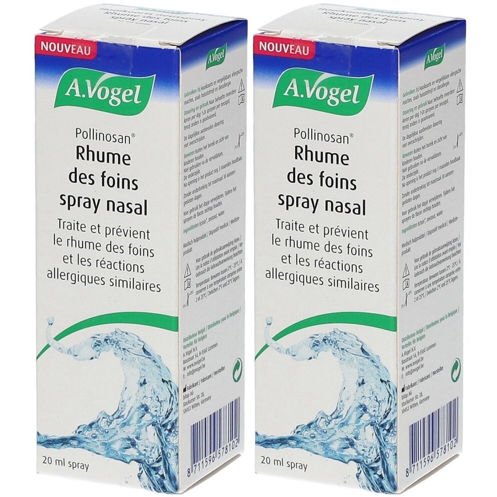 Twee dozen A.Vogel Pollinosan Rhume des foins neusspray. Opschrift: Traite et prévient le rhume des foins et les réactions allergiques similaires. 20 ml.