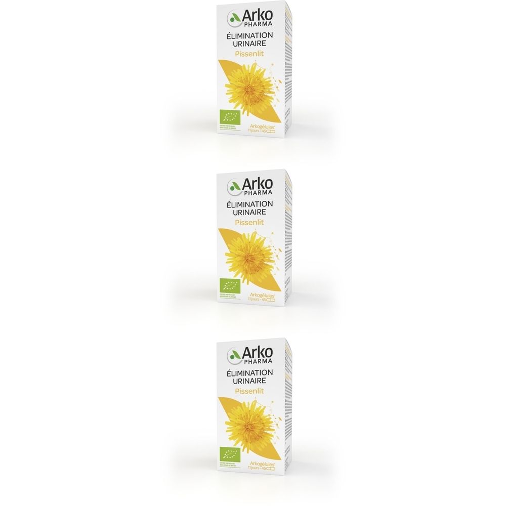 Trois boîtes Arkogelules Pissenlit Bio. Chaque boîte présente une image de pissenlit jaune et du texte.