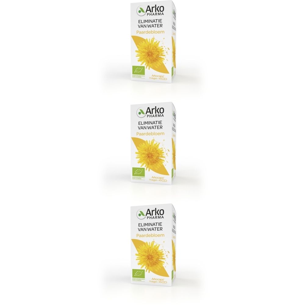 Drie dozen Arkogelules Pissenlit Bio. Elke doos toont een gele paardenbloemafbeelding en tekst.