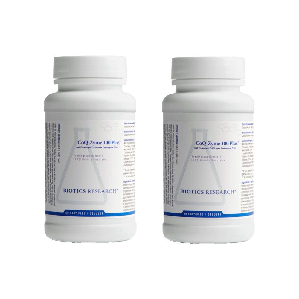 Twee witte flessen met etiketten. Op de etiketten staat "CoQ-Zyme 100 Plus" en "BIOTICS RESEARCH".