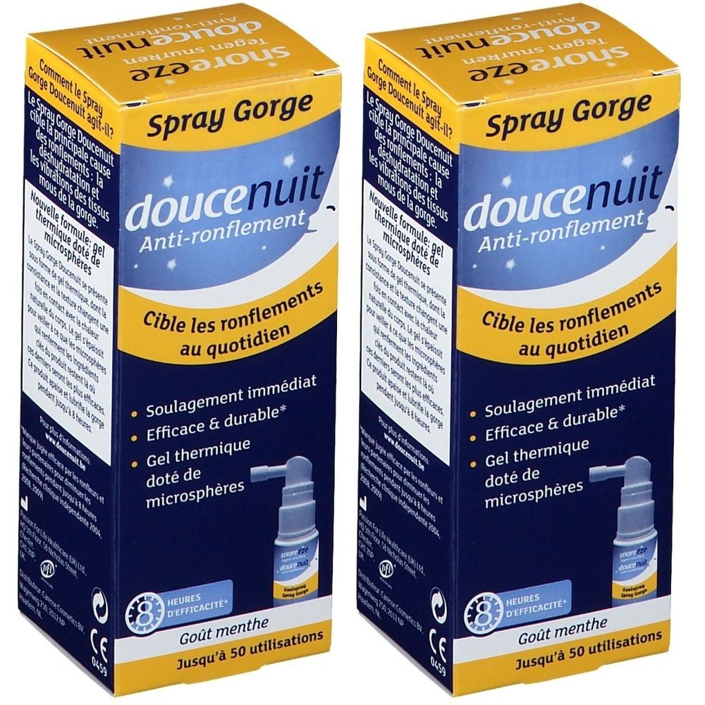 Twee dozen Snoreeze Spray voor de keel. Opschrift: doucenuit Anti-snurken. Bevat een spray met muntsmaak.