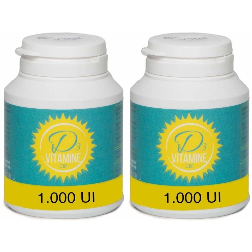 Twee witte flessen met gele en turquoise etiketten. Op de etiketten staat "D3 VITAMINE" en "1.000 UI".