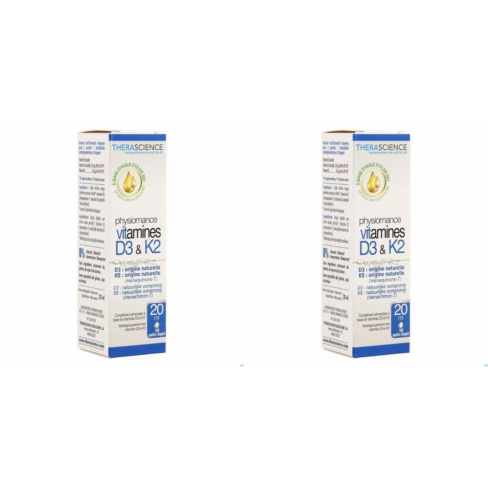 Deux boîtes rectangulaires. Inscription : Physiomance Vitamines D3 & K2. Marque : Therascience. Contient 20 ml.