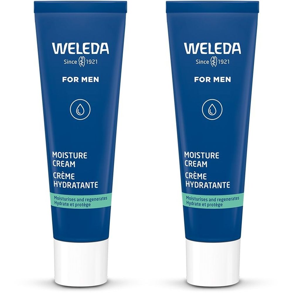 Twee blauwe tubes met witte dop. Opschrift: WELEDA, FOR MEN, MOISTURE CREAM, CRÈME HYDRATANTE.