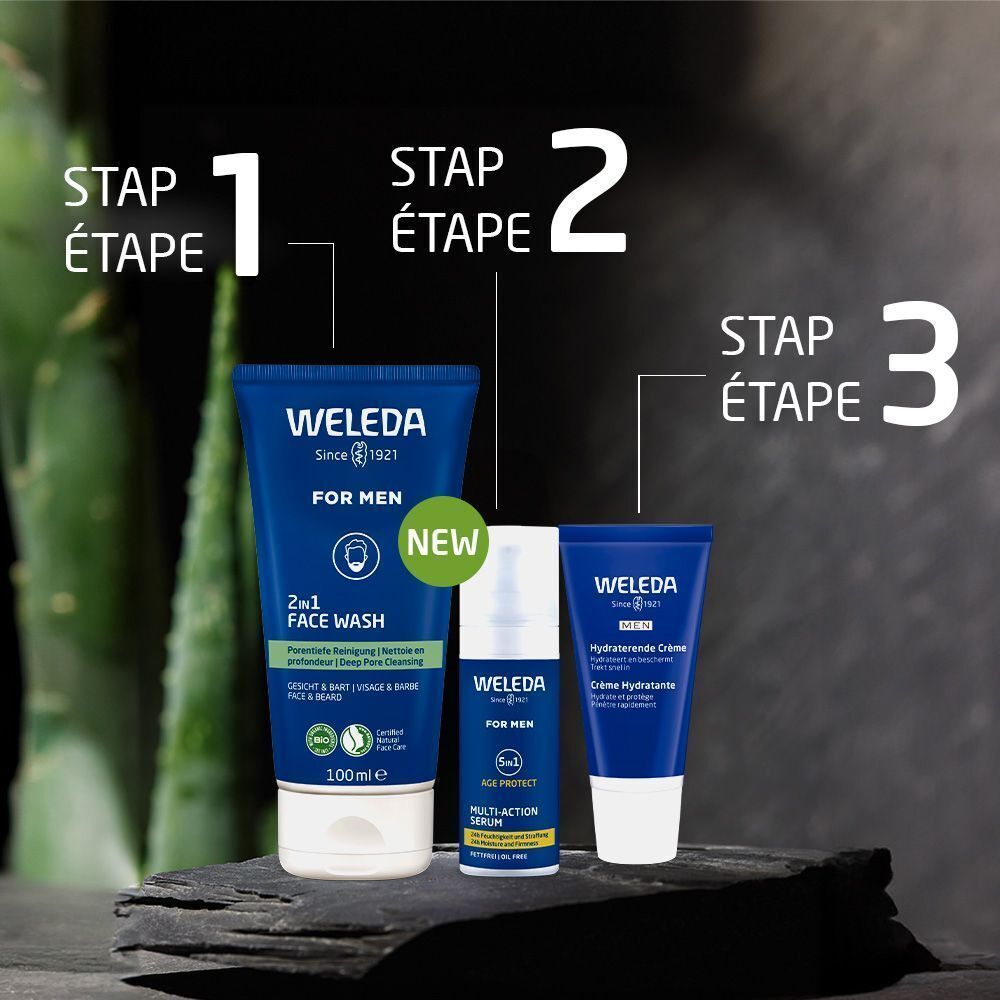 Drei Produkte auf einer Steinplatte. WELEDA 2-in-1 Face Wash, Multi-Action Serum, und Hydraterende Crème. Schritte 1, 2, und 3.