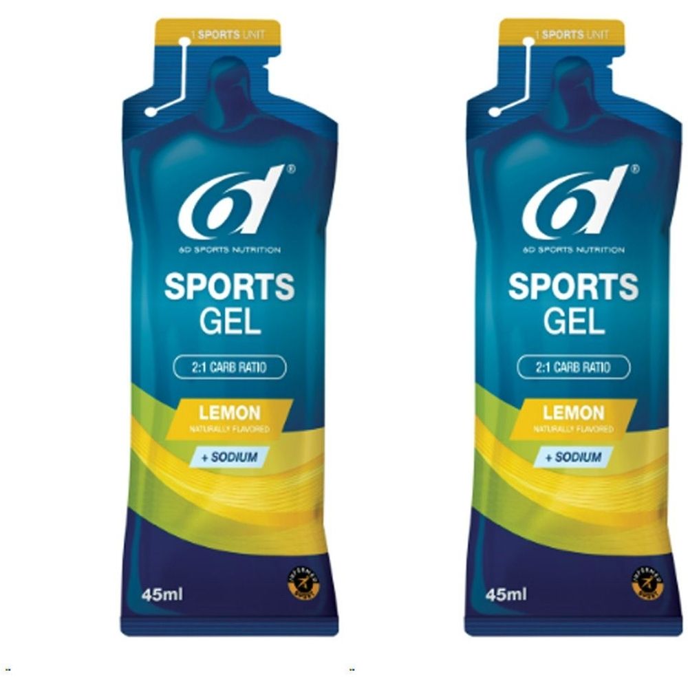 Twee zakjes 6D Sports Nutrition Sports Gel, citroen. Blauwe verpakking met gele accenten. Opschrift: Sports Gel, 2:1 Carb Ratio, citroen, + natrium, 45ml.