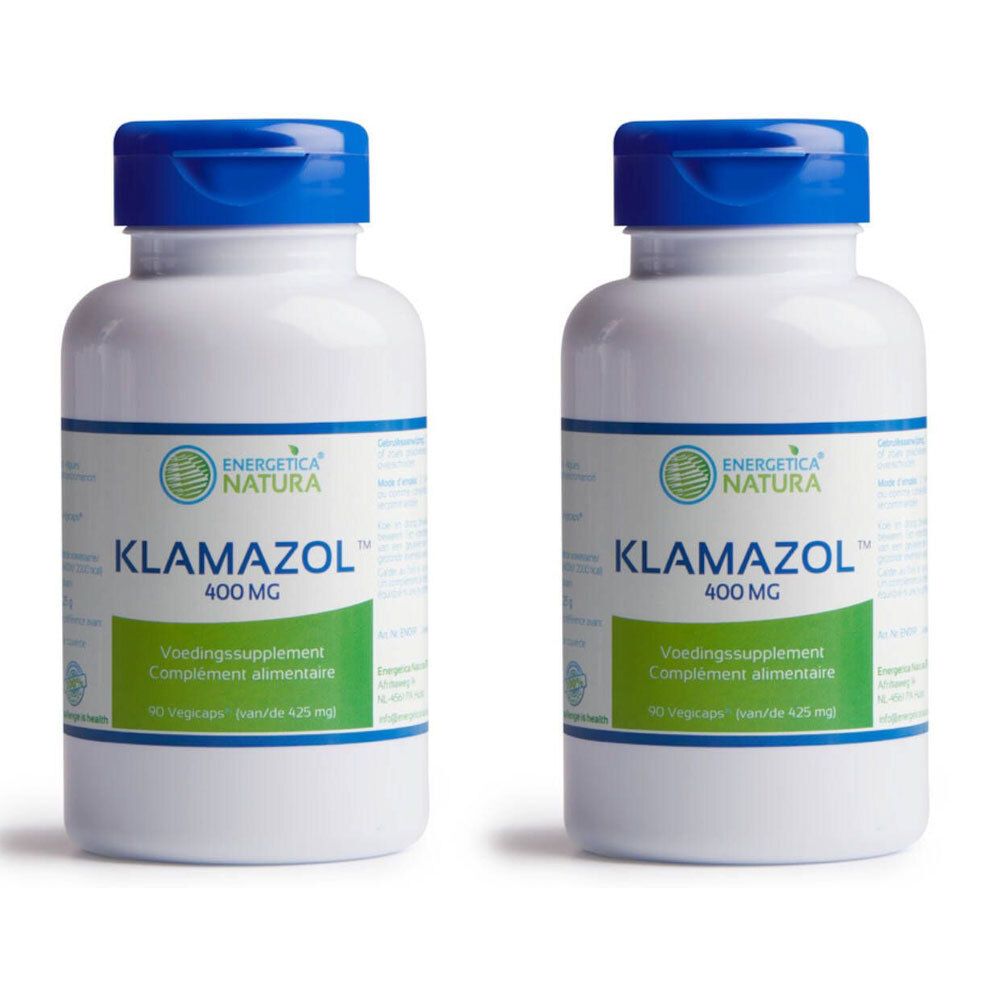 Twee witte flessen met blauwe dop. Opschrift: Energetica Natura Klamazol 400 mg. Voedingssupplement.