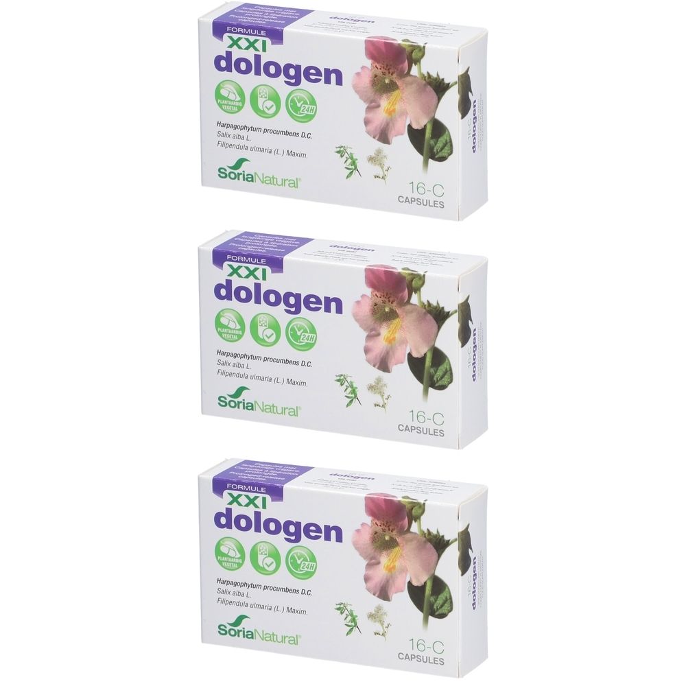 Trois boîtes blanches avec texte "dologen", "16-C CAPSULES" et logo "Soria Natural". Décor floral.