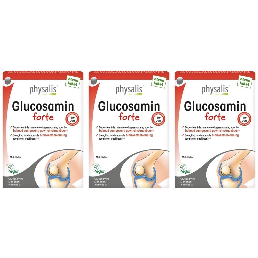 Drie verpakkingen Physalis Glucosamin Forte. Rode en witte verpakking met productnaam en afbeelding van een knie.