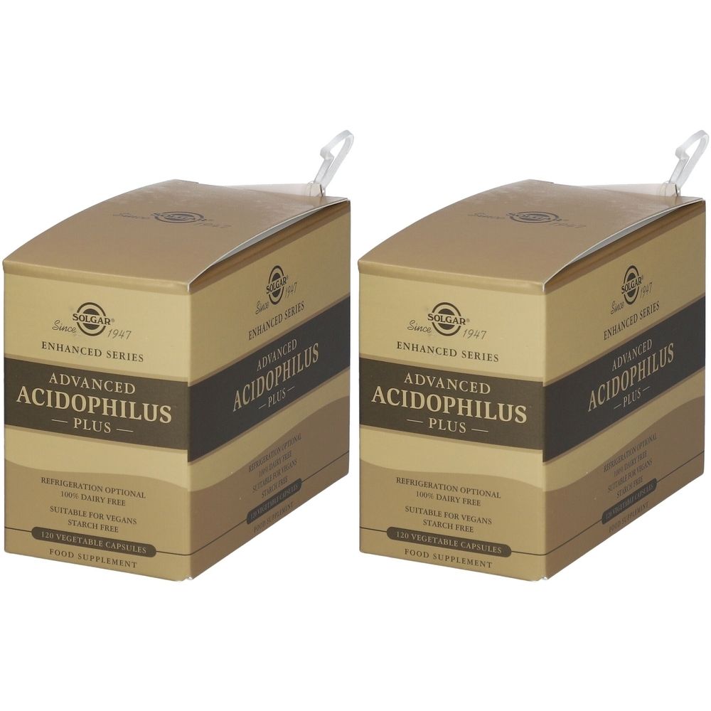 Deux boîtes de "Advanced Acidophilus Plus". Emballage beige avec informations produit et marque Solgar.