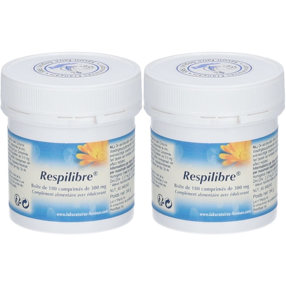 Twee witte potten met "Respilibre". Opschrift: Boîte de 180 comprimés de 300 mg. Deksel met logo.
